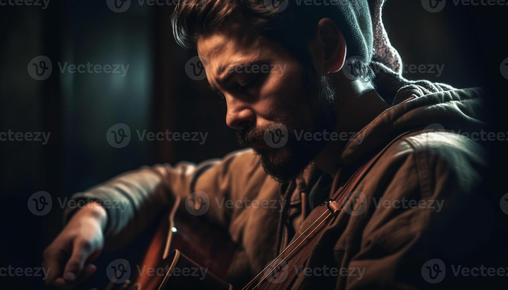 jovem caucasiano guitarrista jogando acústico guitarra às noite gerado de ai foto