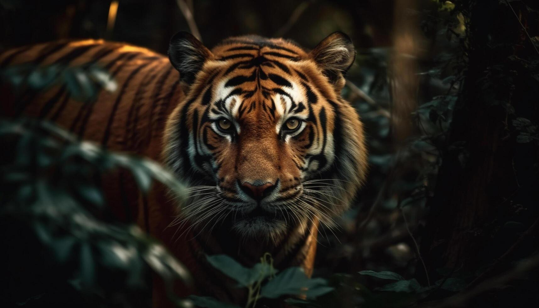 majestoso Bengala tigre olhando fixamente, se escondendo dentro região selvagem gerado de ai foto