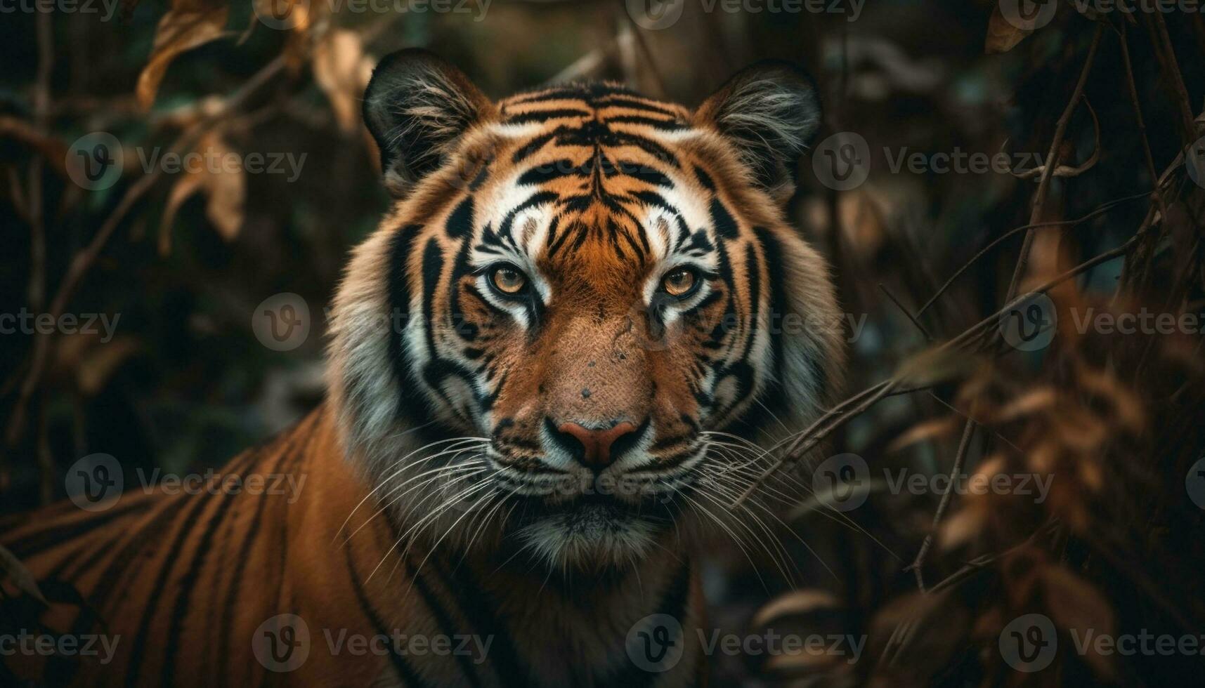 majestoso Bengala tigre encarando dentro tropical floresta tropical gerado de ai foto