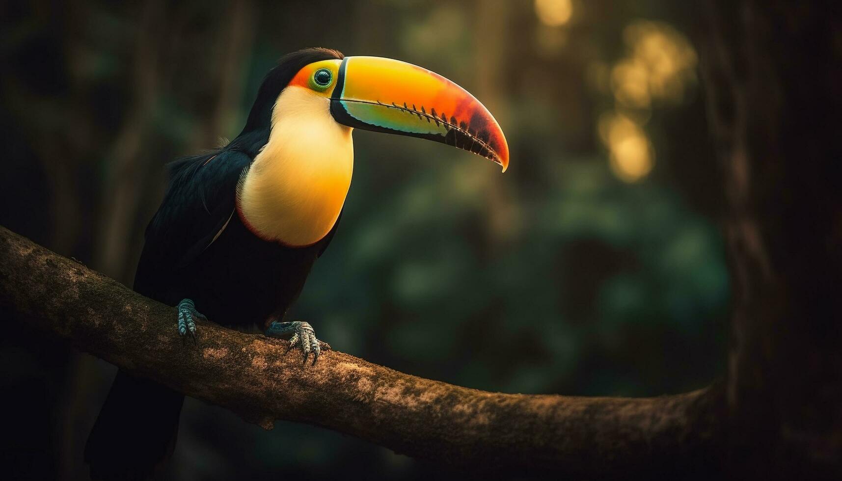 vibrante tucano empoleirado em ramo dentro floresta tropical gerado de ai foto