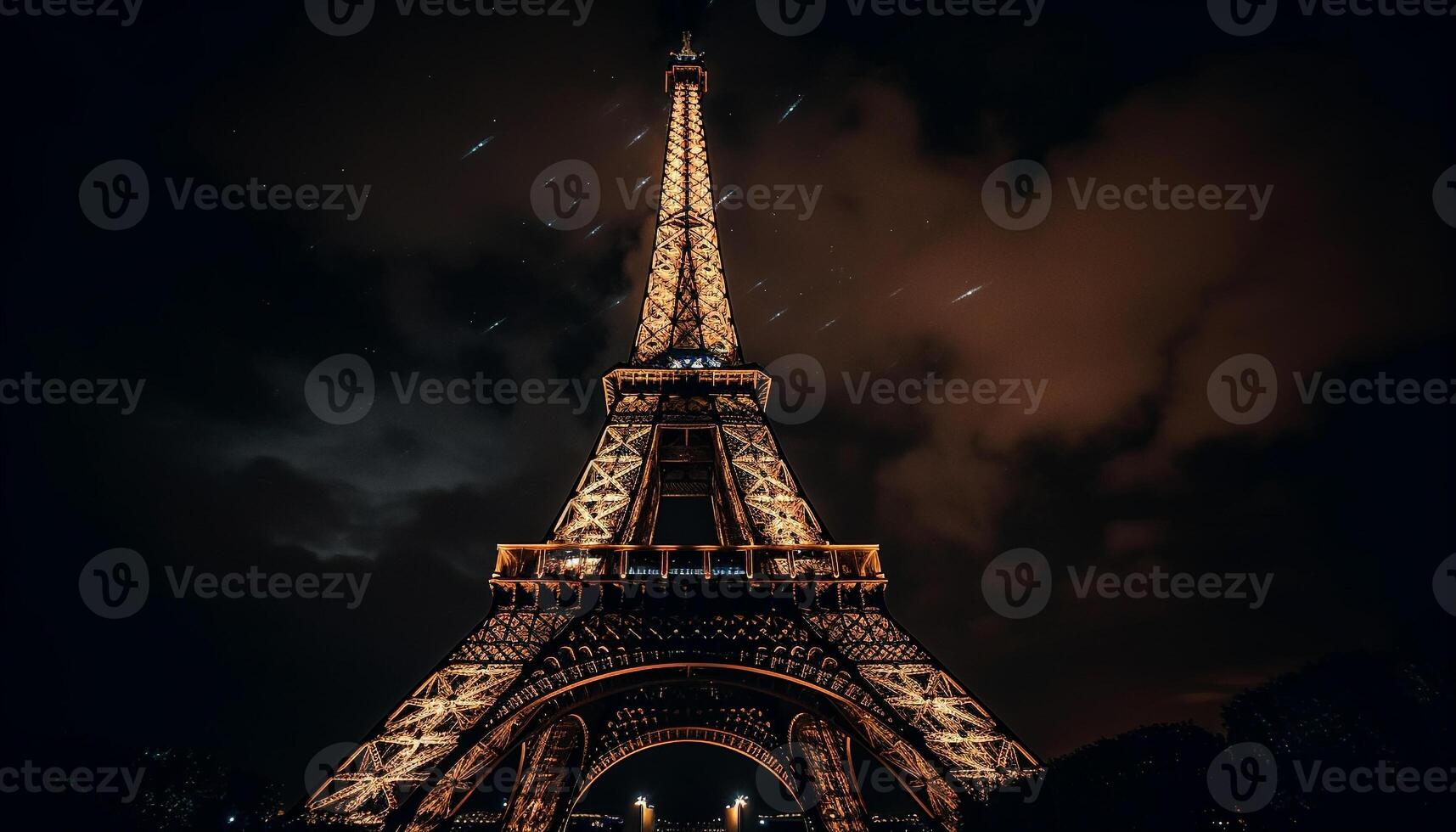 majestoso eiffel torre ilumina Paris às crepúsculo gerado de ai foto