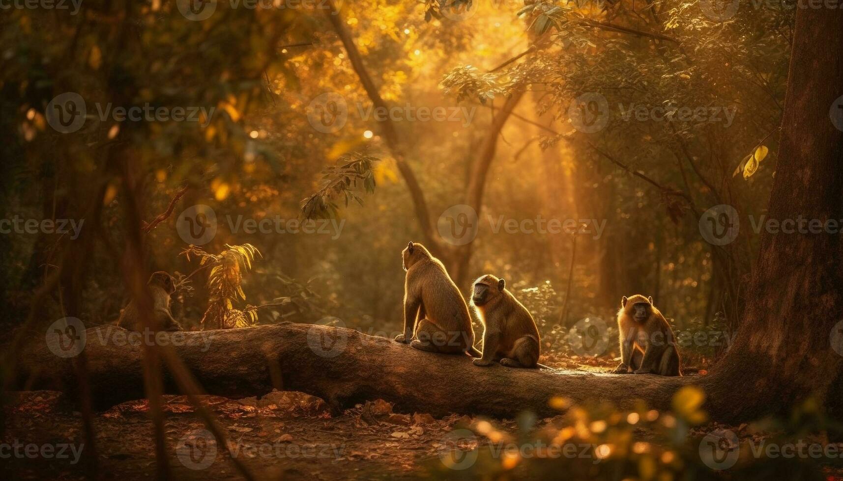 jovem macaque sentado em árvore filial, outono folhas gerado de ai foto