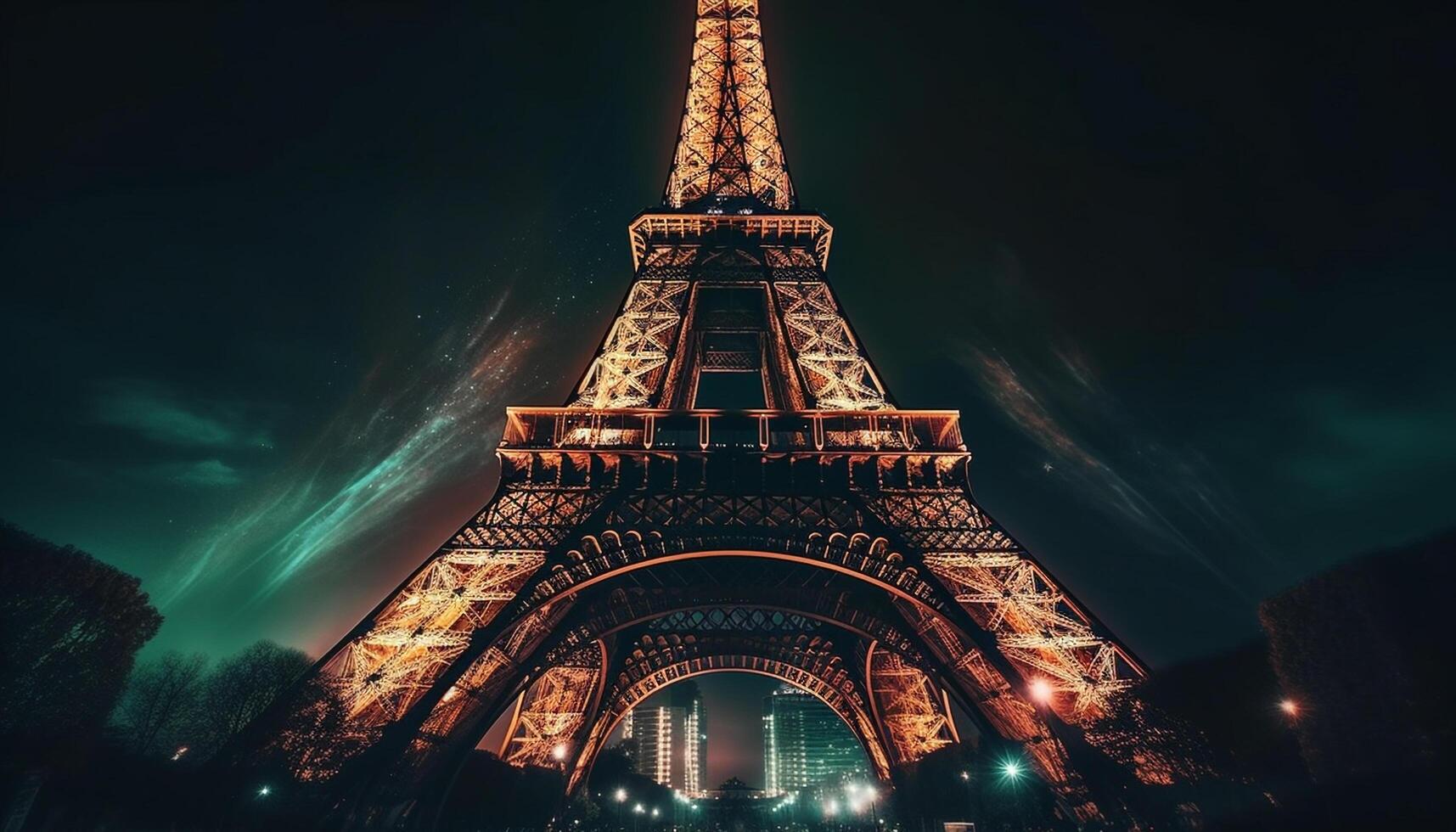 majestoso eiffel torre ilumina Paris às crepúsculo gerado de ai foto