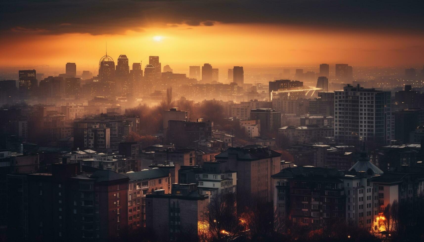 brilhando arranha-céus iluminar cidade Horizonte às pôr do sol gerado de ai foto