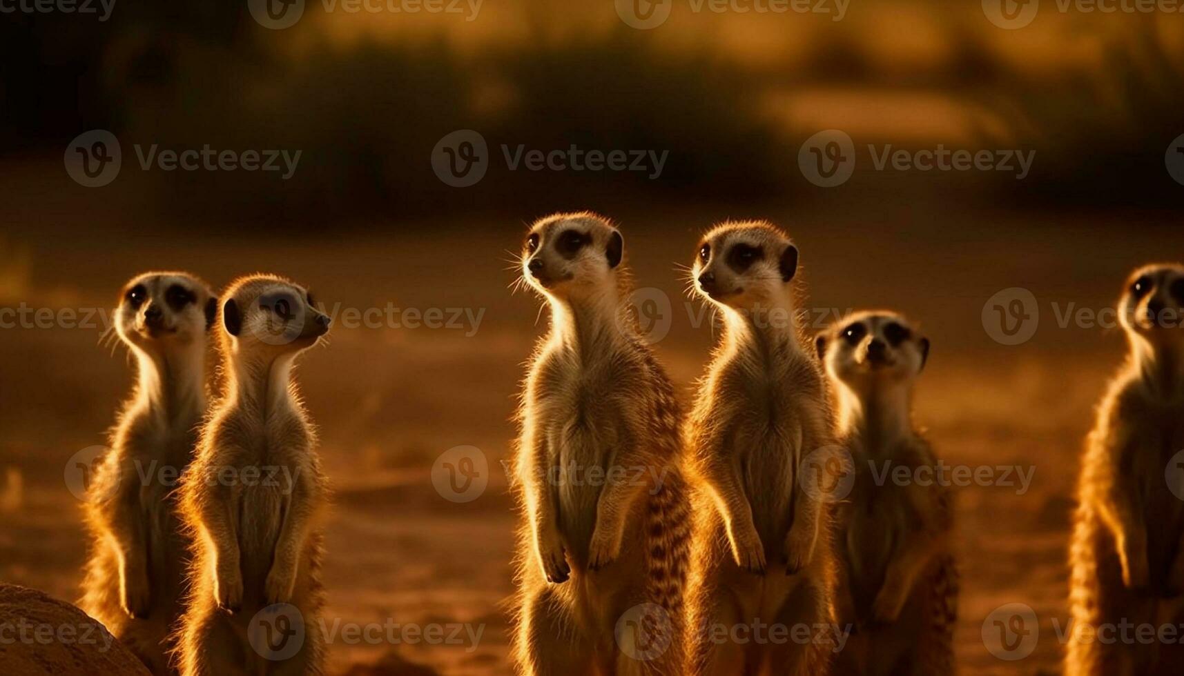 pequeno grupo do suricatos em pé alerta dentro natureza gerado de ai foto