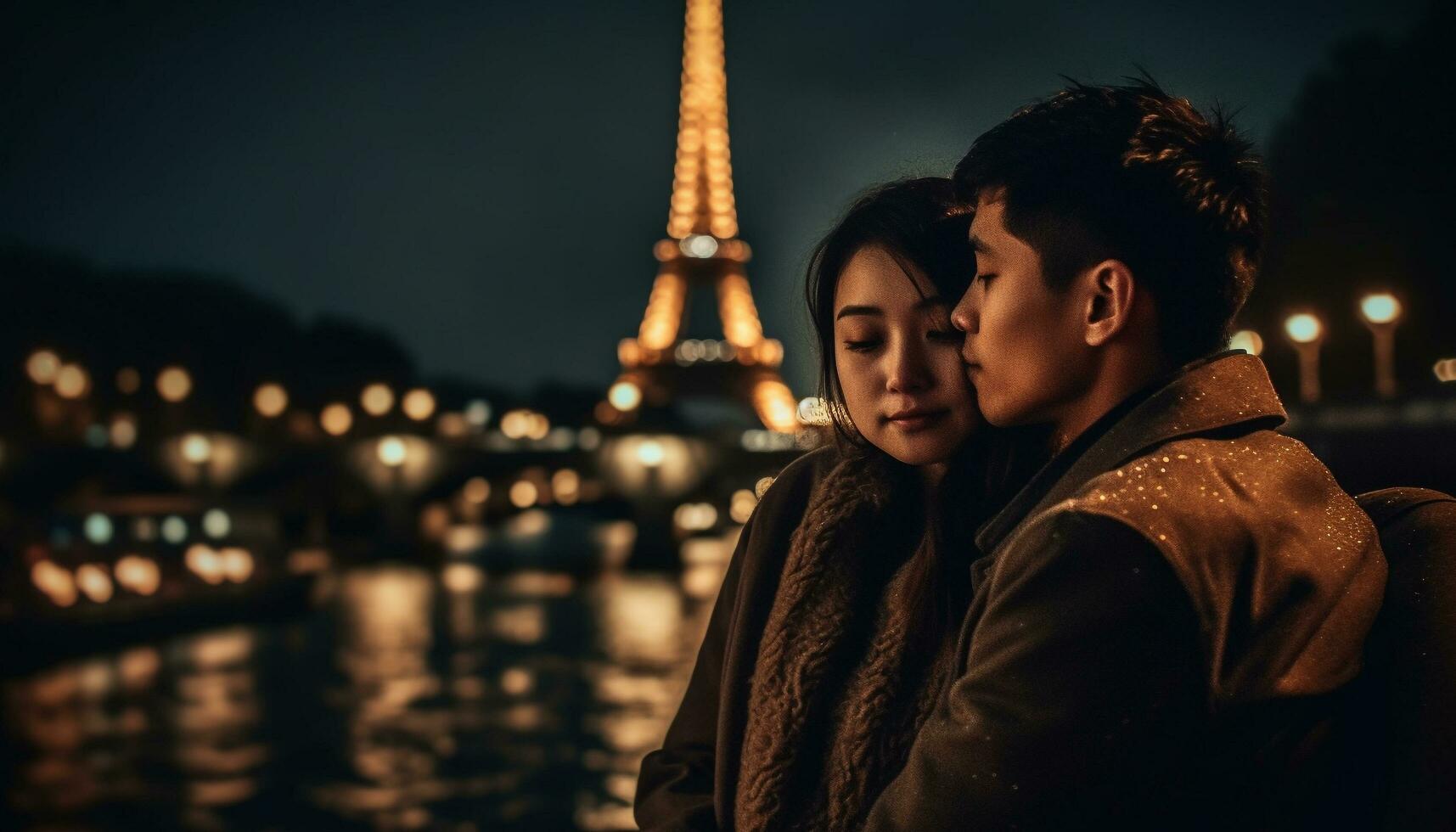 jovem casal abraços debaixo iluminado paisagem urbana às crepúsculo gerado de ai foto