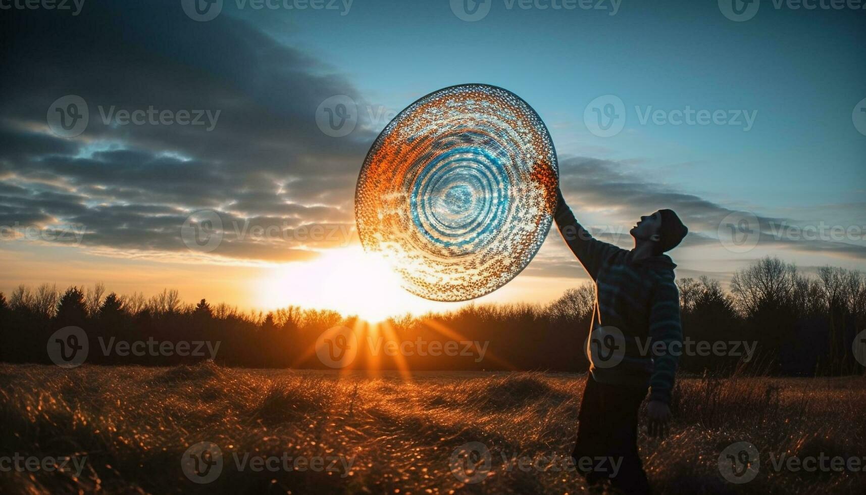 silhueta do agricultor segurando árvore às nascer do sol gerado de ai foto