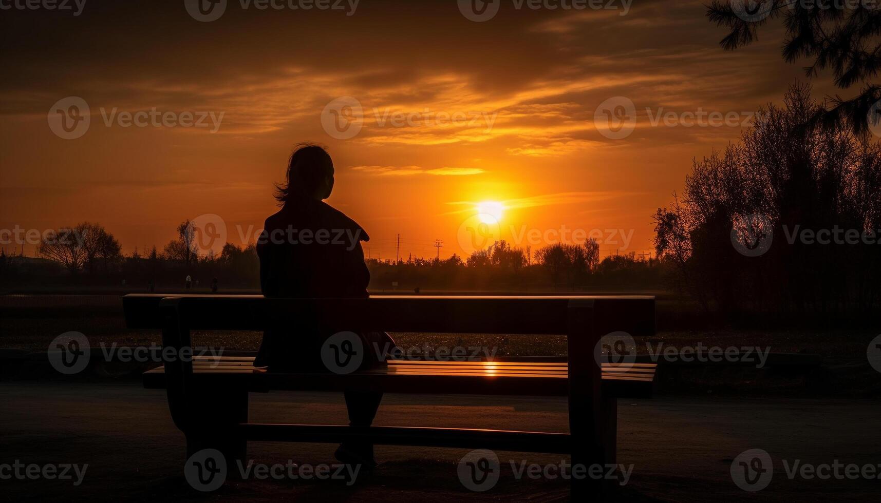 silhueta do casal sentado em banco, assistindo pôr do sol gerado de ai foto