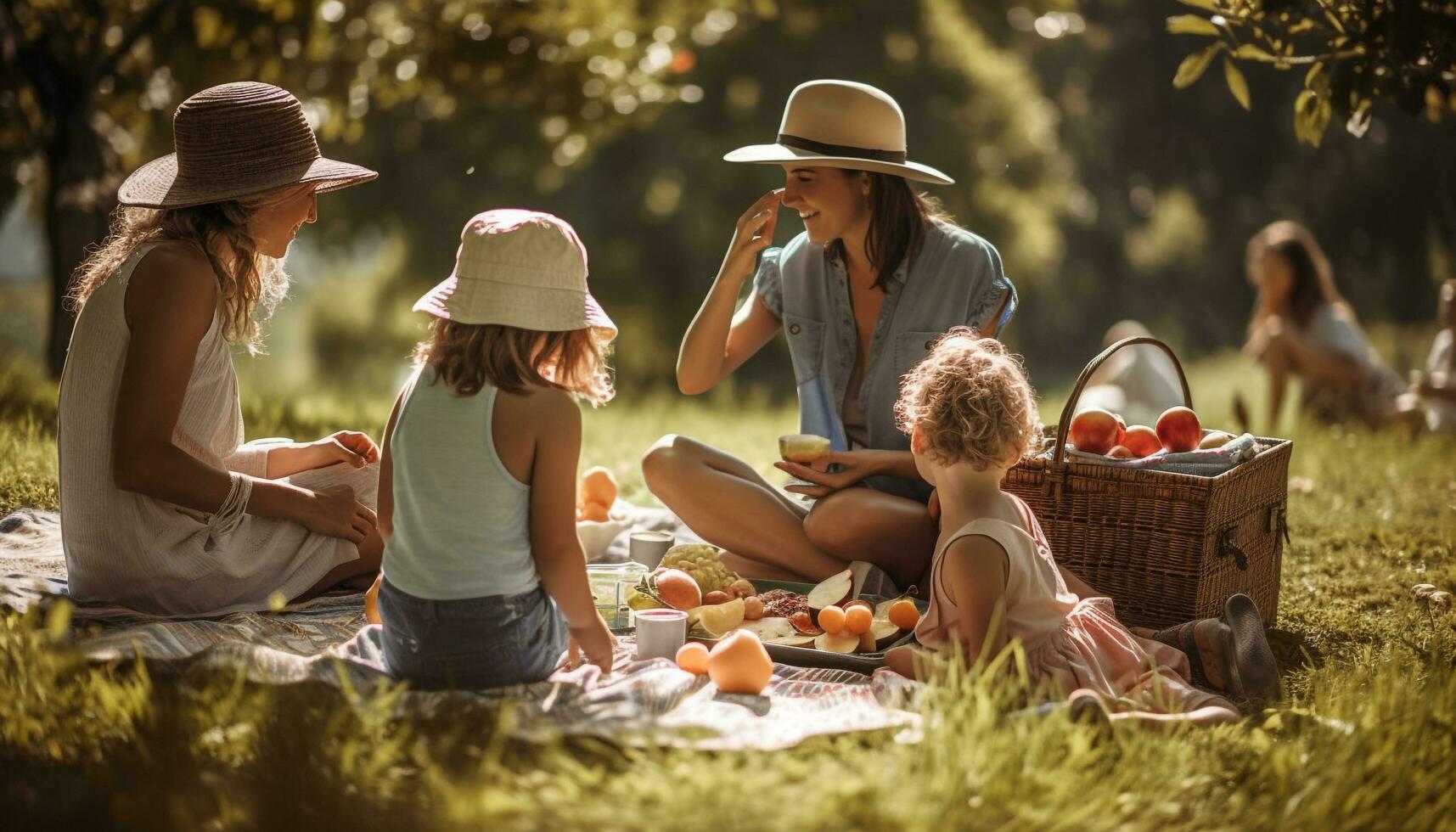 família piquenique dentro a Prado, desfrutando natureza gerado de ai foto