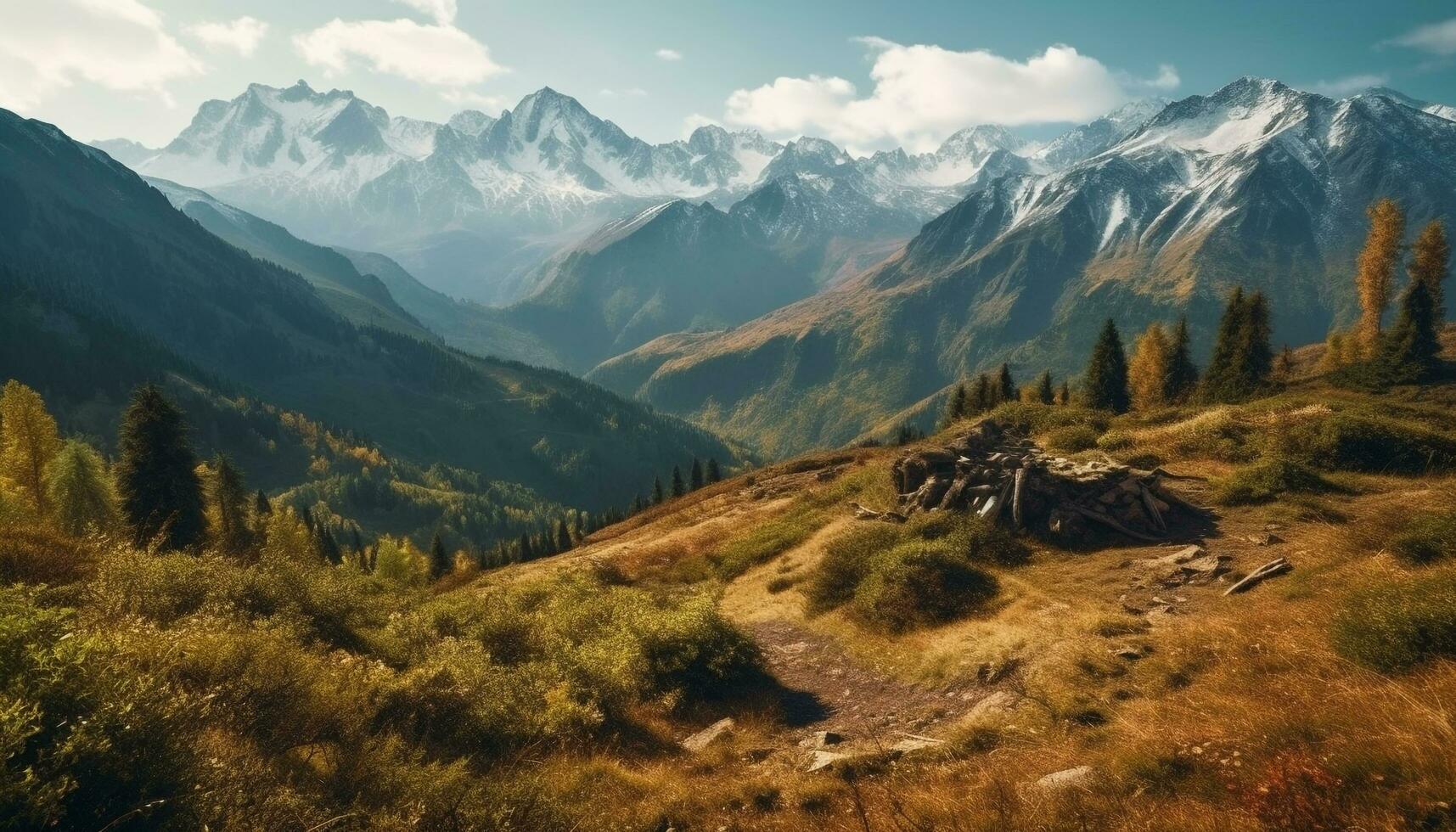 majestoso montanha pico, tranquilo Prado, sereno beleza gerado de ai foto