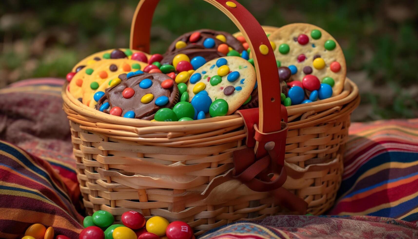 piquenique cesta preenchidas com colorida frutas e doce gerado de ai foto