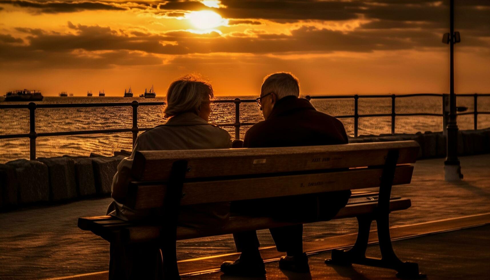 Senior casal abraçando em beira-mar às crepúsculo gerado de ai foto