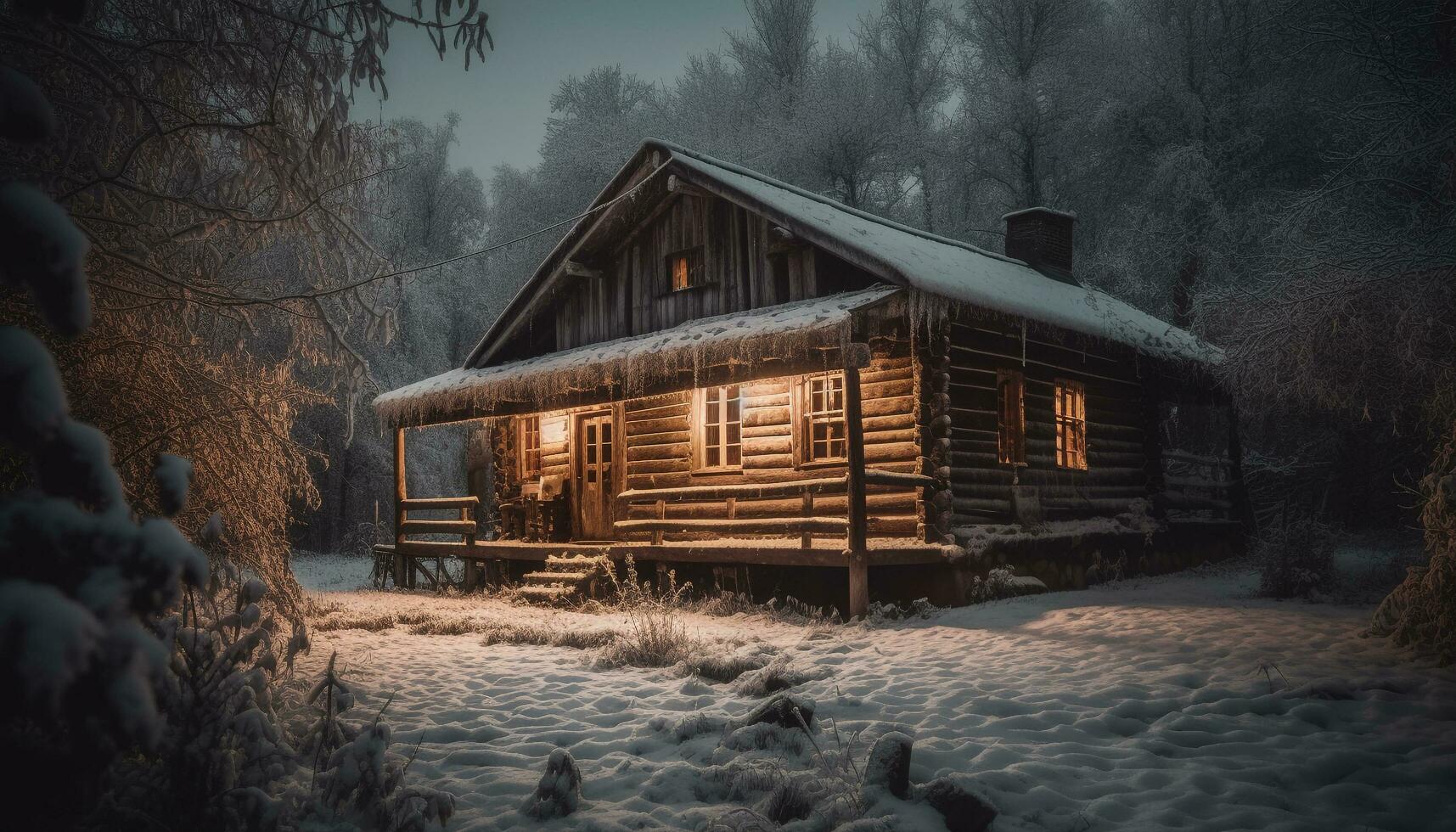 assustador registro cabine dentro Sombrio inverno floresta gerado de ai foto