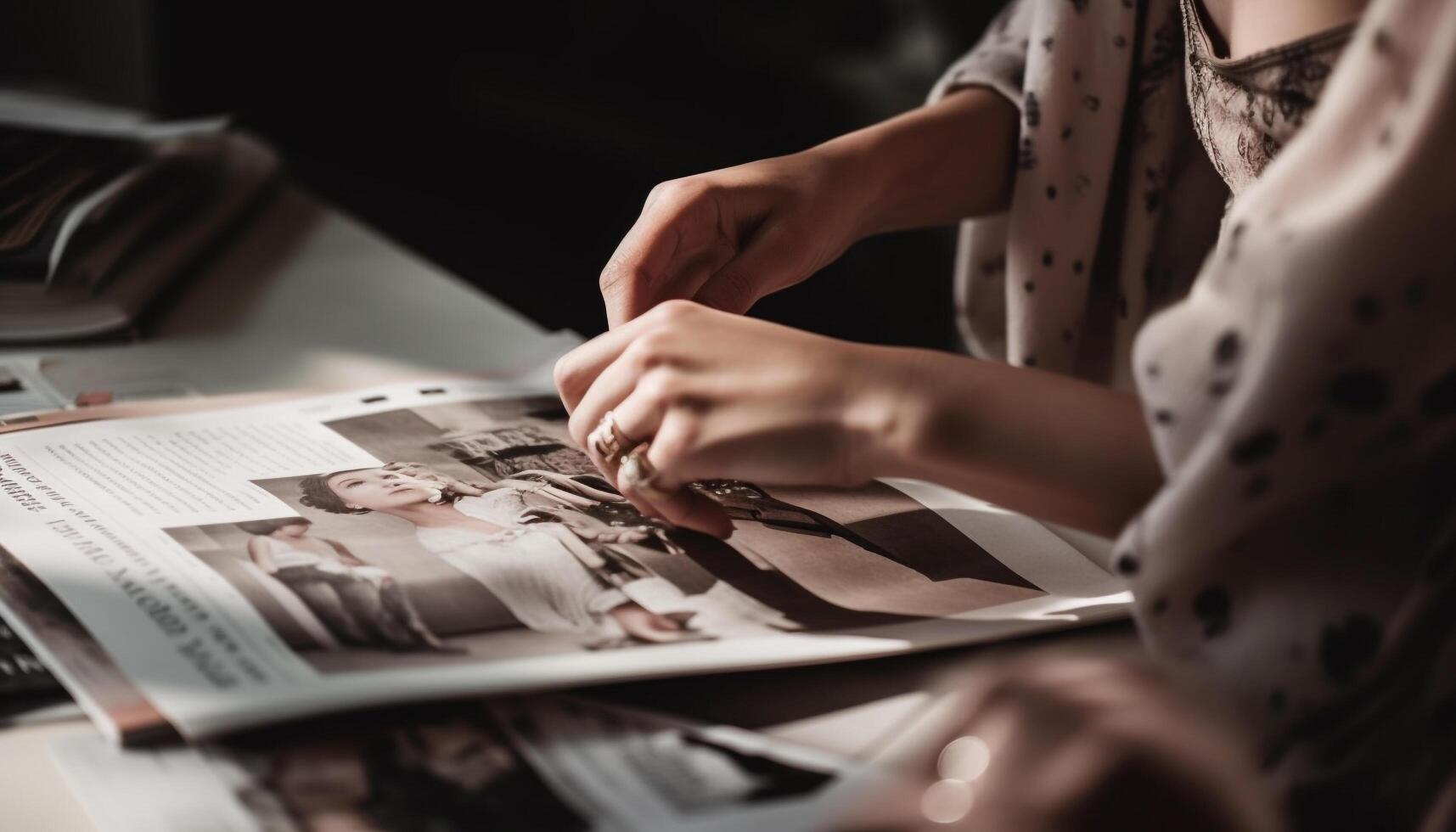 jovem mulher sentado às mesa, segurando papel gerado de ai foto