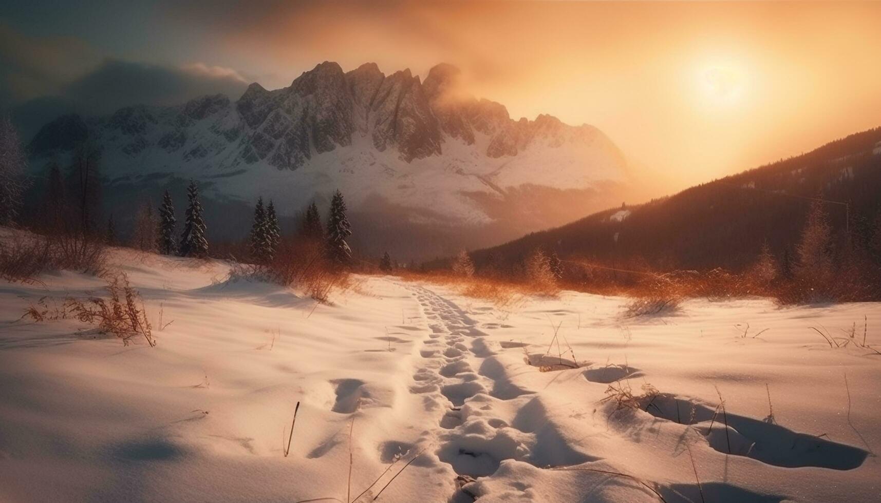 majestoso montanha faixa, tranquilo pôr do sol, amarelo luz solar gerado de ai foto