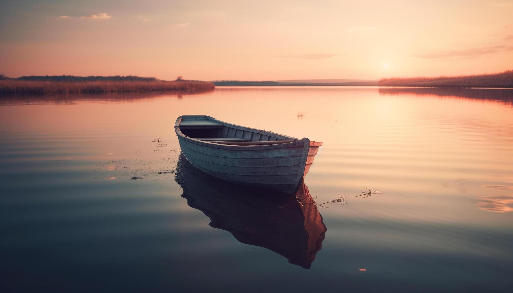 tranquilo pôr do sol em água, barco a remo transporte casa gerado de ai foto