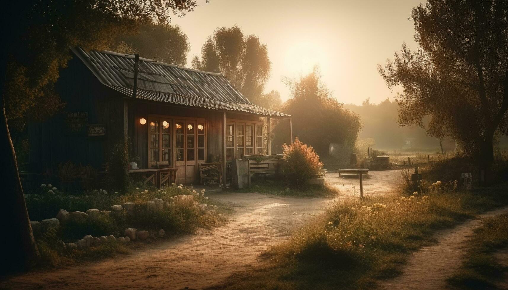 rústico cabana em velho Fazenda dentro outono gerado de ai foto