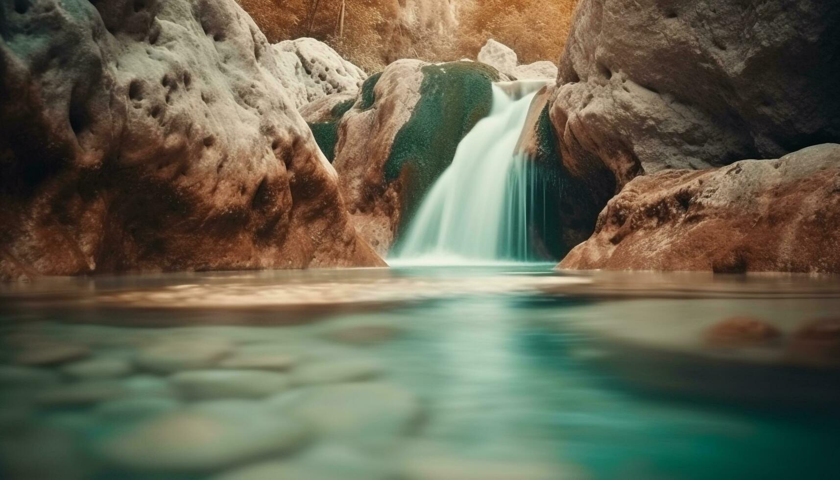 suave água fluxos sobre majestoso montanha pedras gerado de ai foto