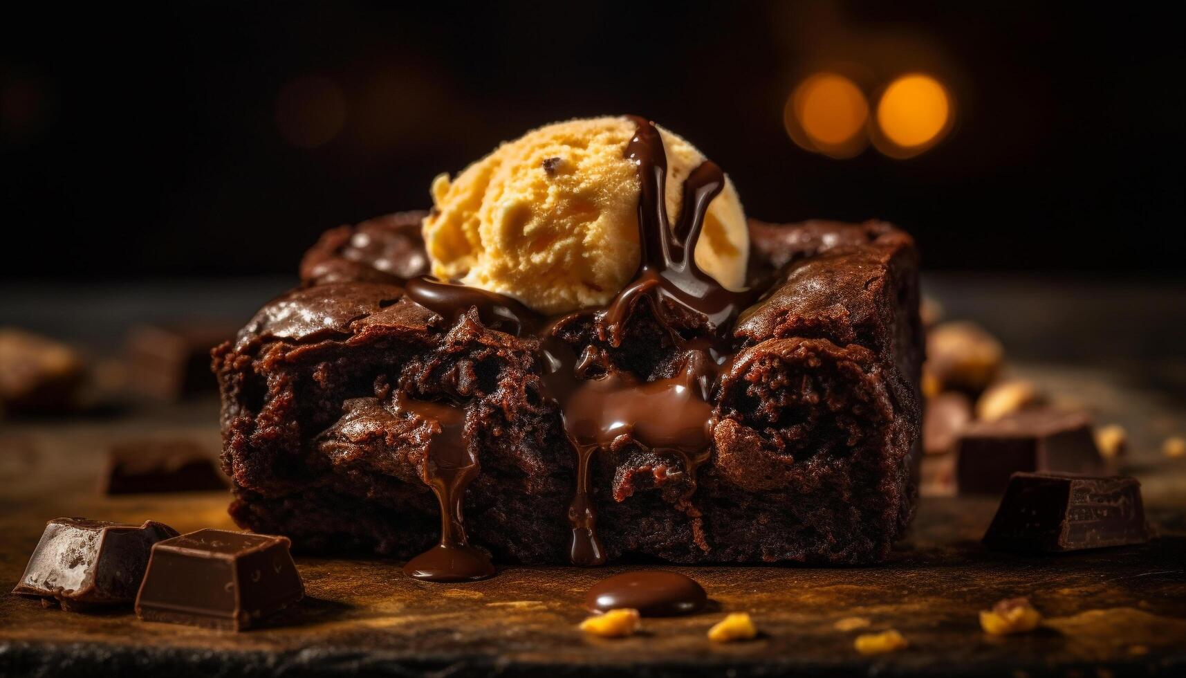 indulgente caseiro Brownie com Derretendo Sombrio chocolate gerado de ai foto