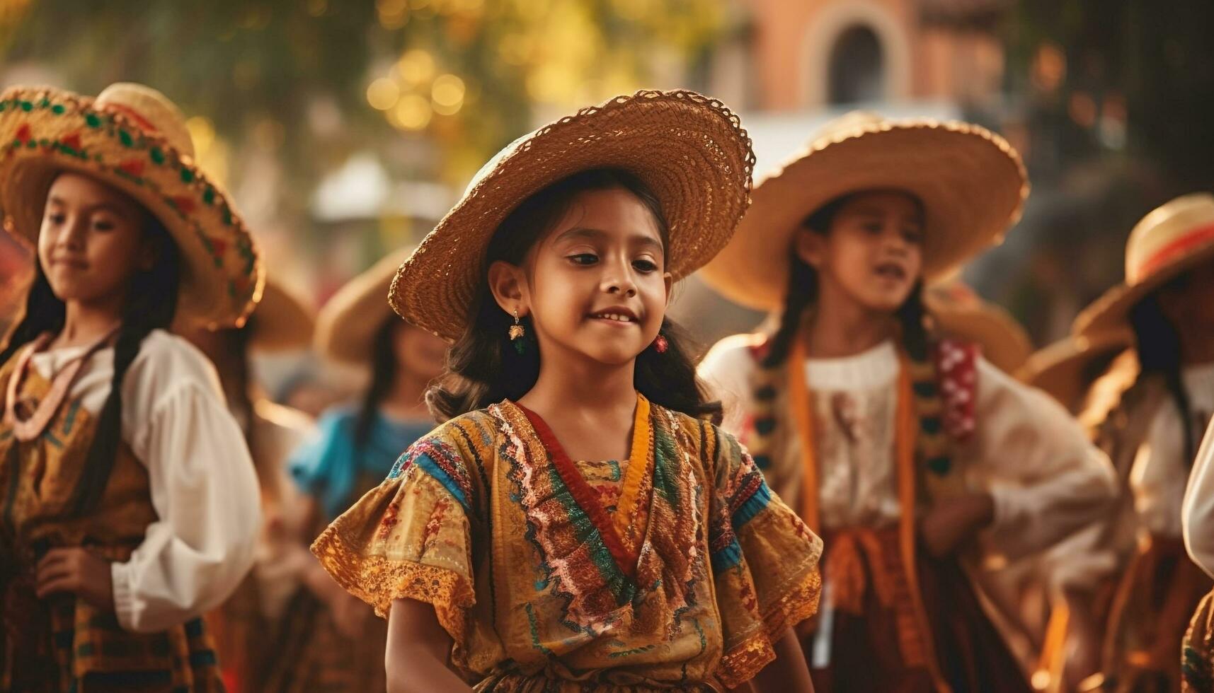 grupo do pessoas dentro tradicional roupas sorridente ao ar livre generativo ai foto