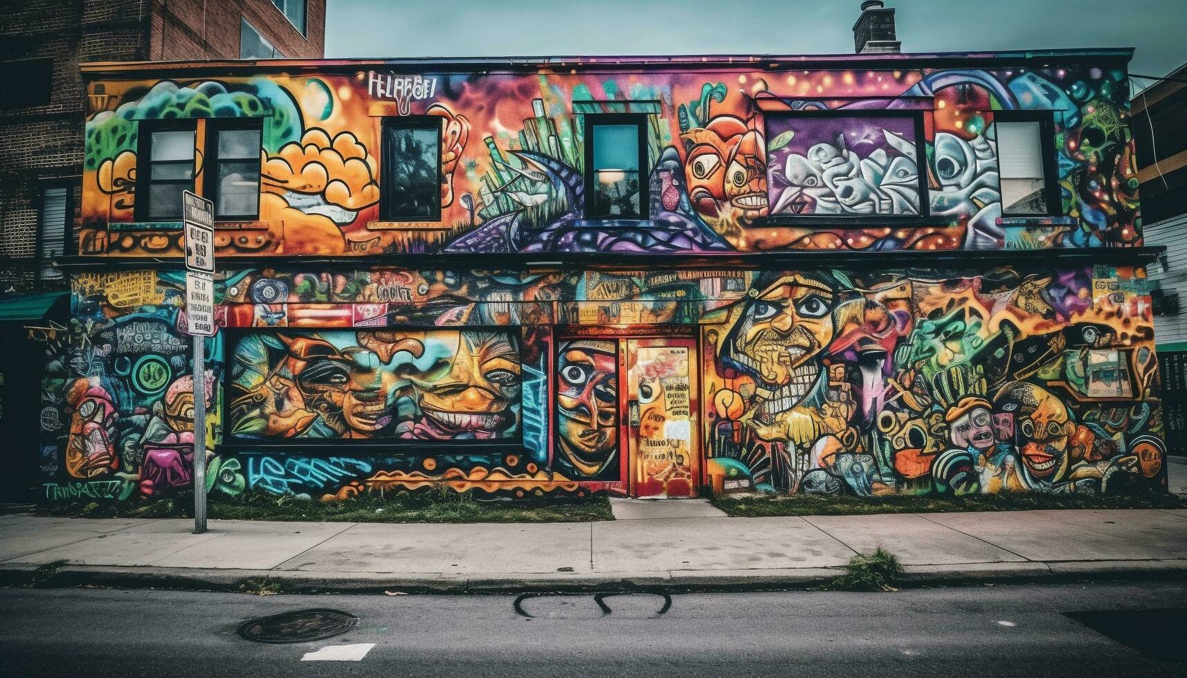 vibrante cores iluminar caótico cidade rua mural generativo ai foto