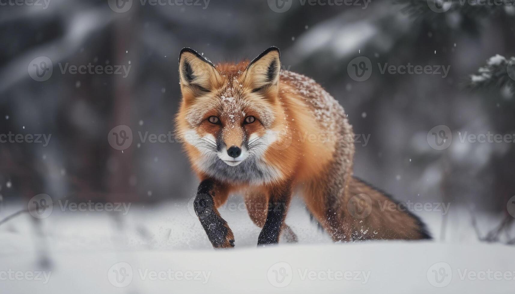 vermelho Raposa olhando fofa dentro Nevado floresta gerado de ai foto