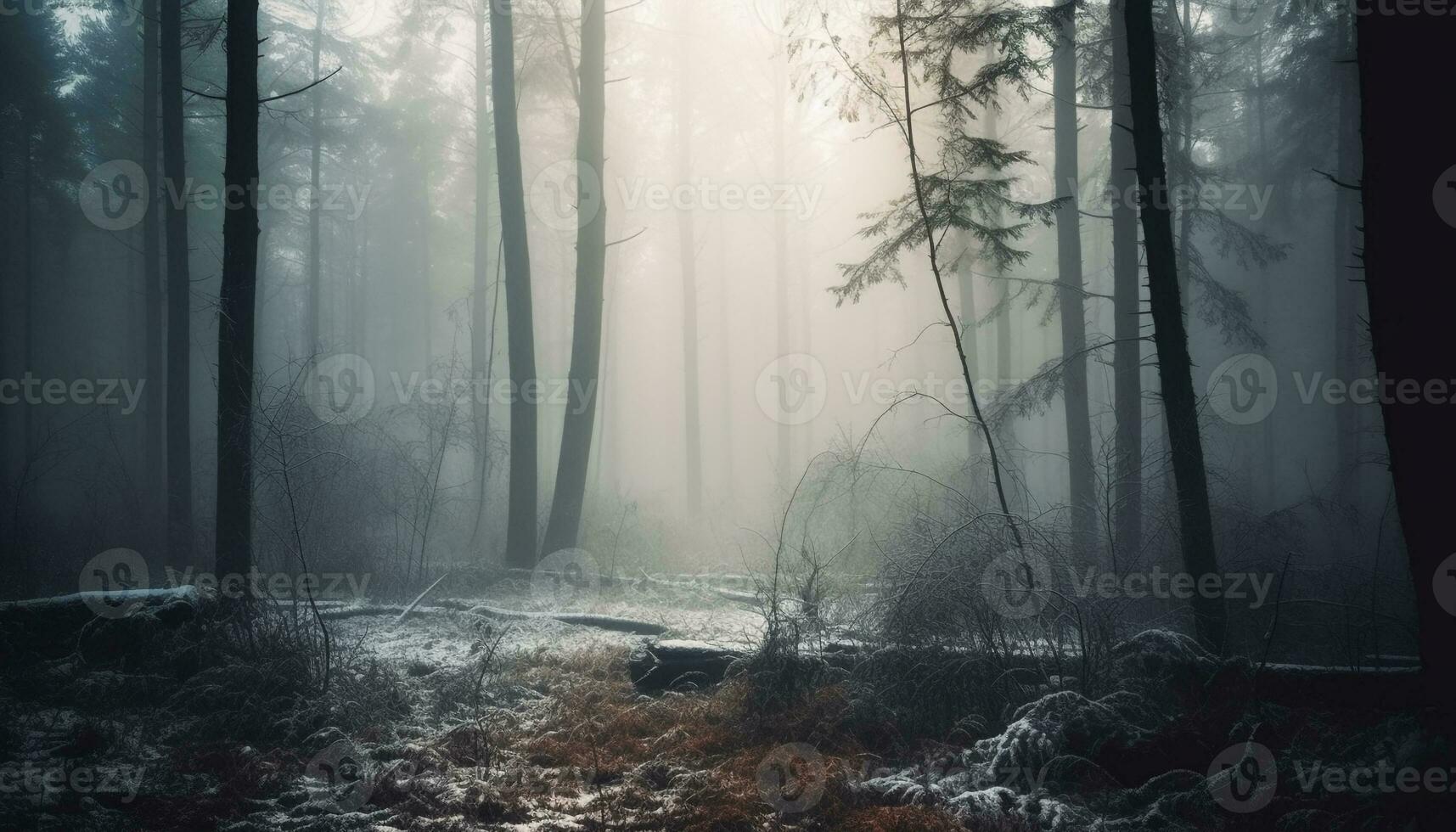 assustador floresta mistério dentro a Sombrio noite gerado de ai foto