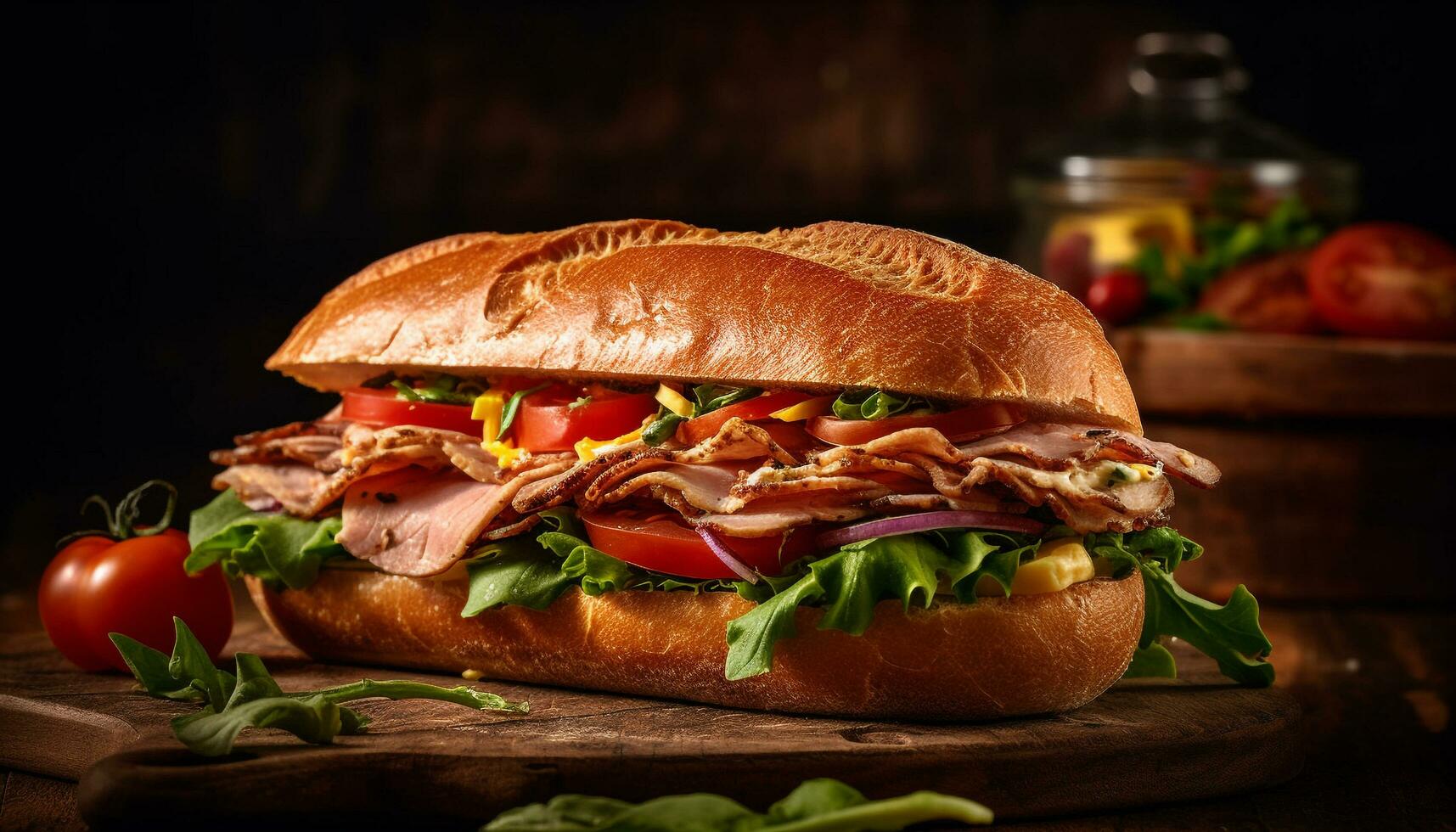 grelhado carne e vegetal ciabatta sanduíche refeição gerado de ai foto