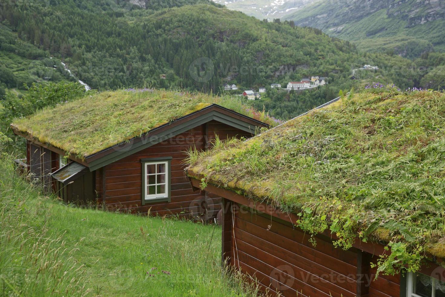 típica casa de madeira antiga com telhado de grama nos fiordes de geiranger, na Noruega foto