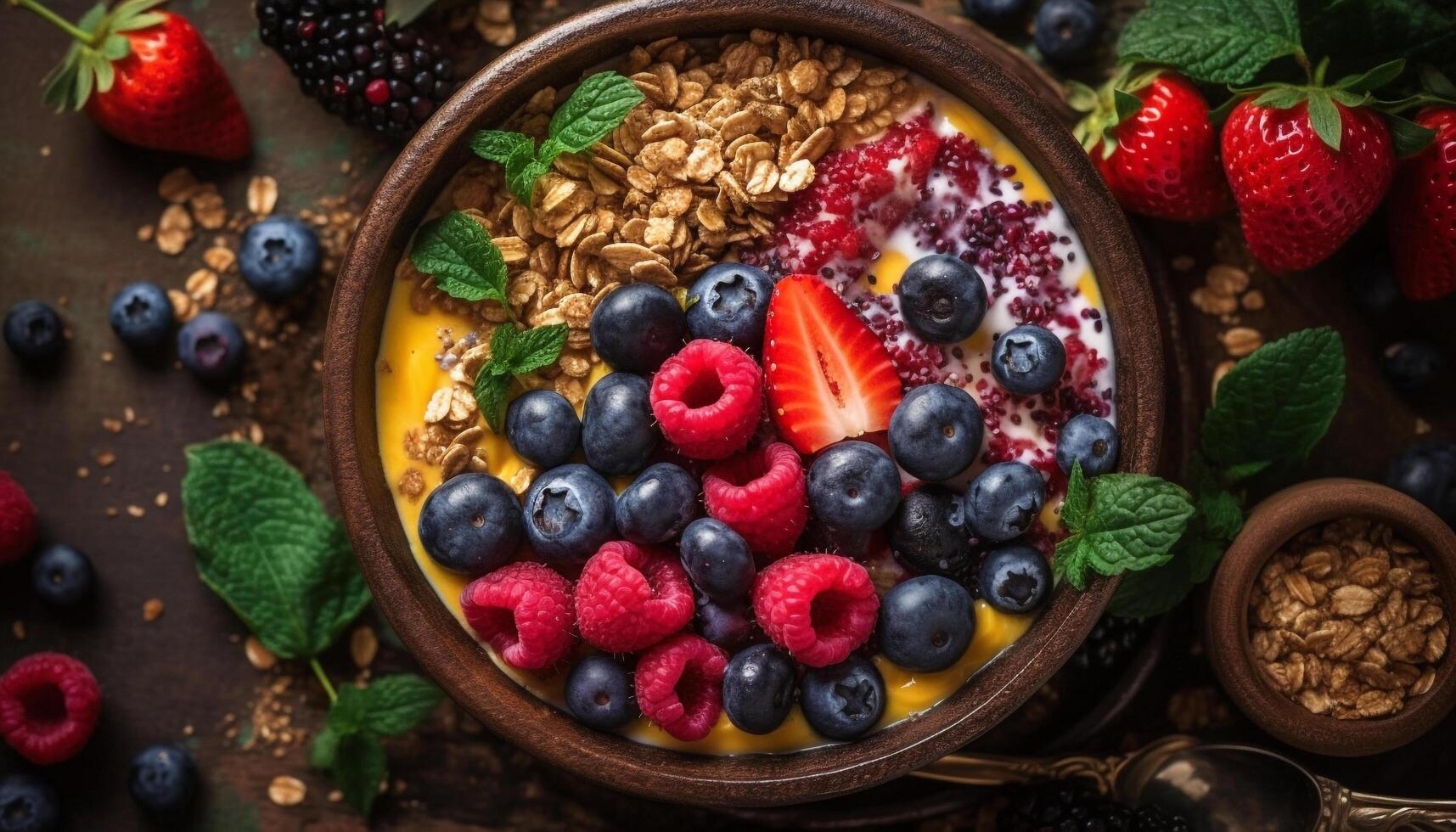 fresco baga tigela com granola e iogurte gerado de ai foto