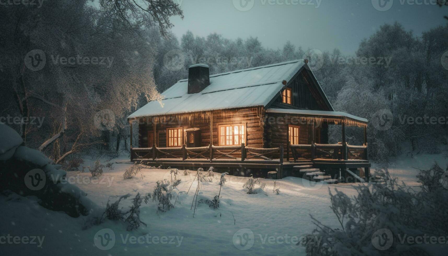 gelado inverno noite nevando em abandonado cabana gerado de ai foto