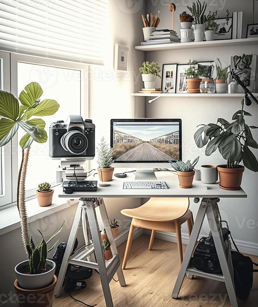 moderno escritório interior Projeto . contemporâneo área de trabalho para criativo negócios. ai generativo imagem. foto