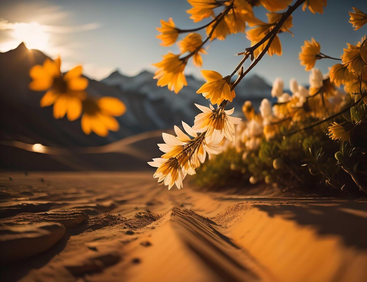 pôr do sol dentro a deserto com amarelo flores em a areia dunas. generativo ai foto