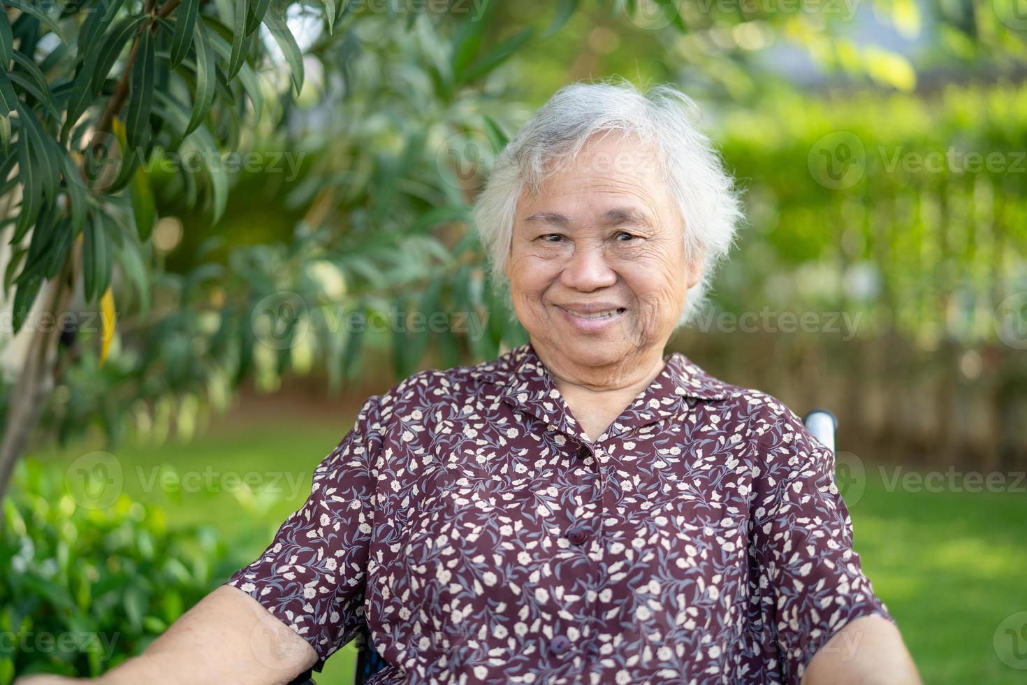 idoso asiático idoso ou idosa senhora paciente sorrindo em cadeira de rodas foto