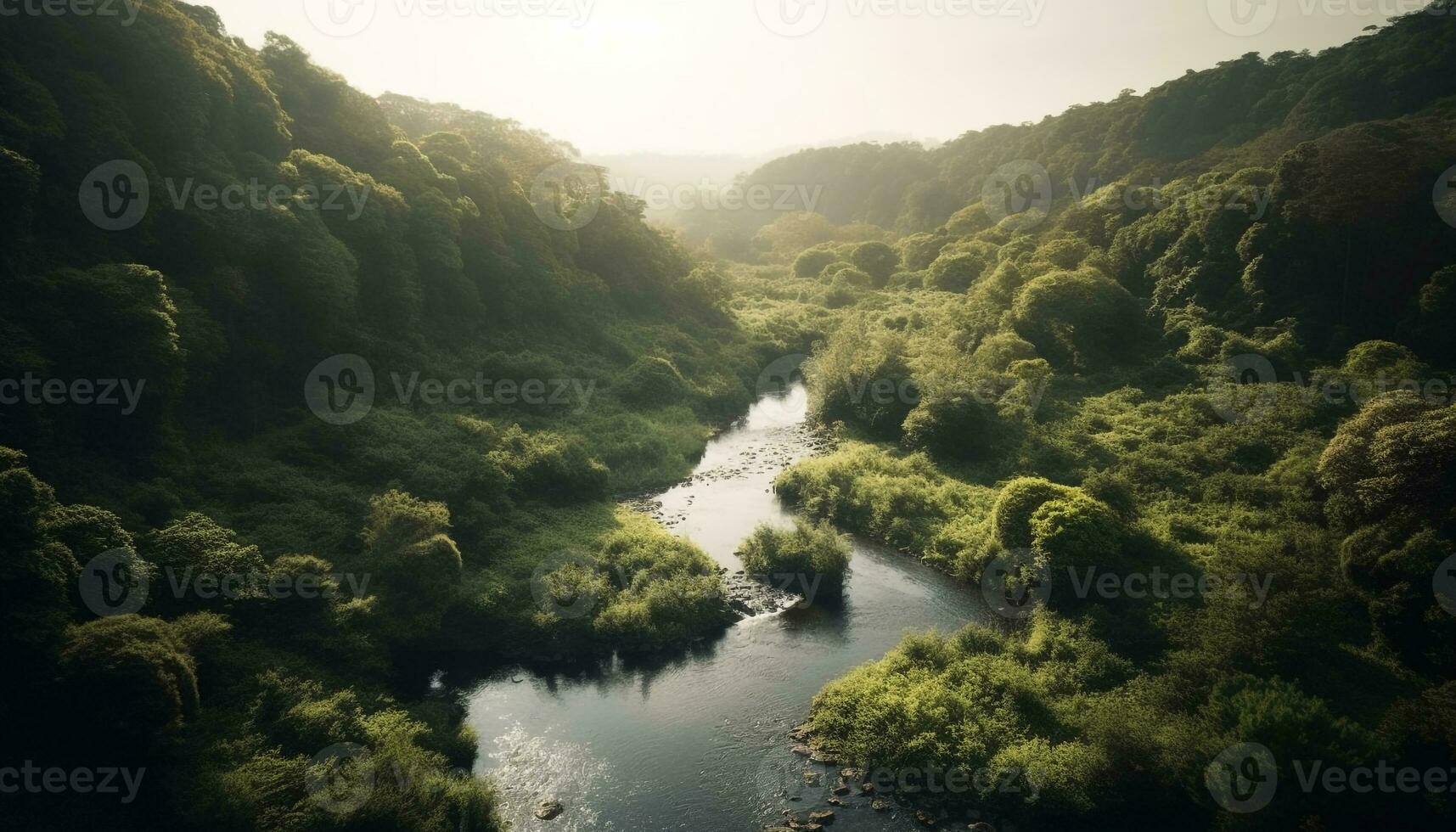 tranquilo cena do verde floresta e fluindo água gerado de ai foto