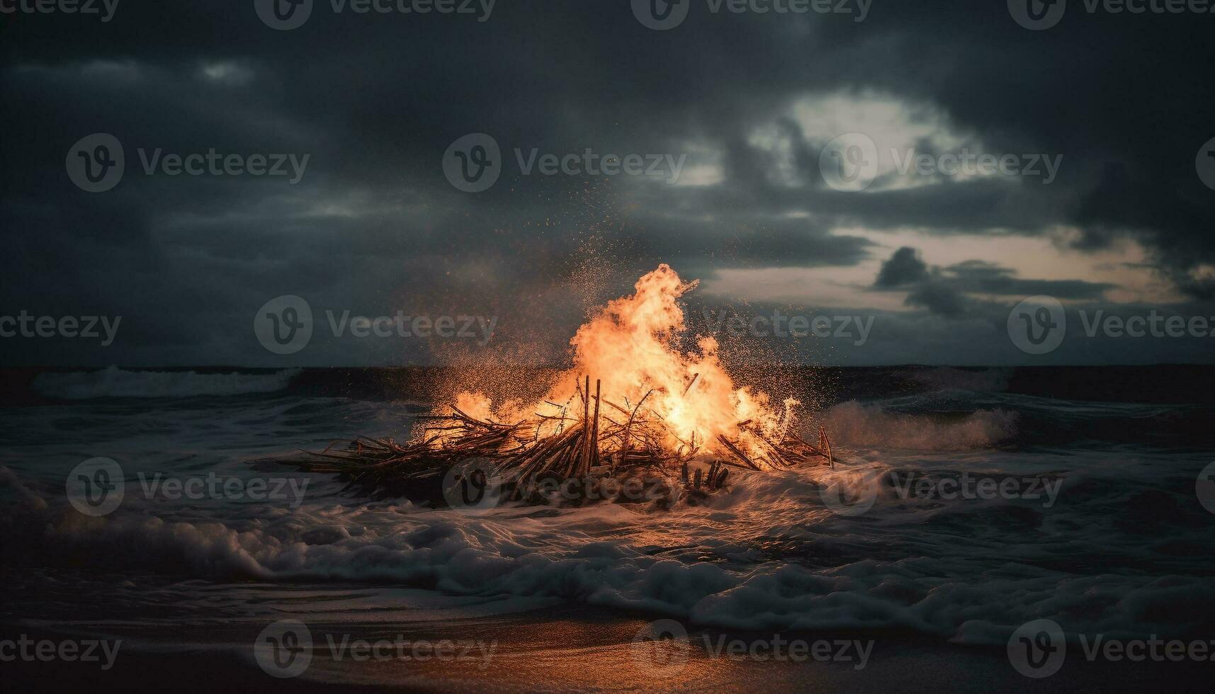 queimando fogueira em arenoso de praia às crepúsculo gerado de ai foto