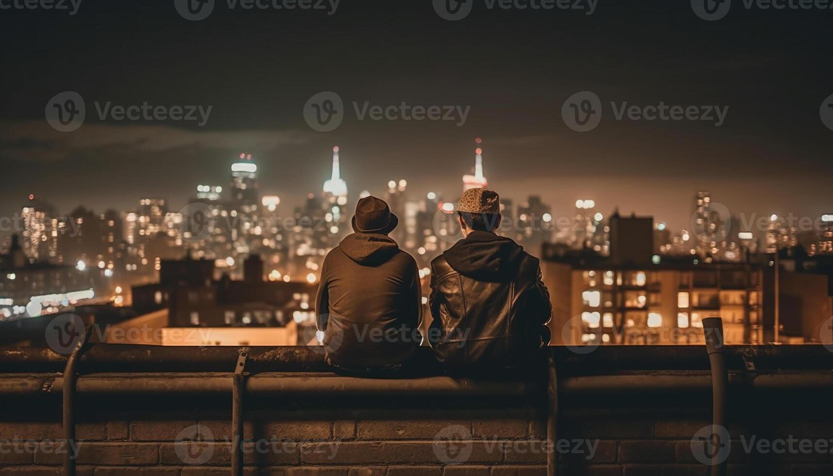 jovem casal abraça, admirando cidade Horizonte às crepúsculo gerado de ai foto