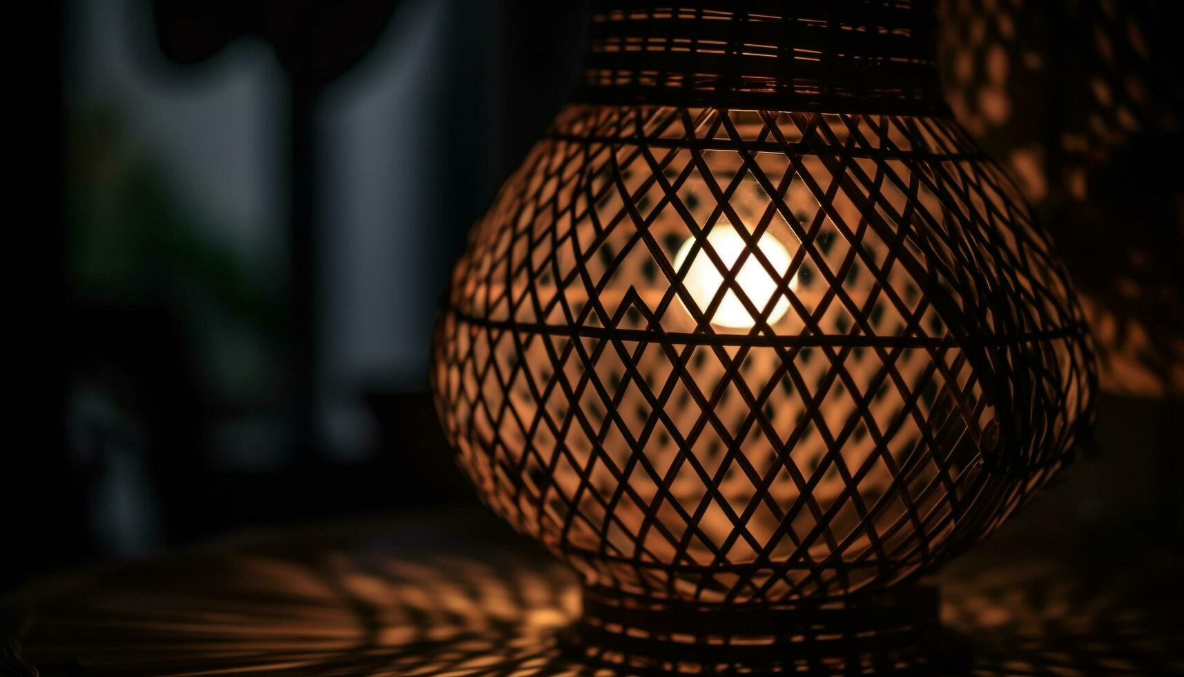 uma brilhando lanterna, suspensão a partir de a teto, ilumina a noite gerado de ai foto