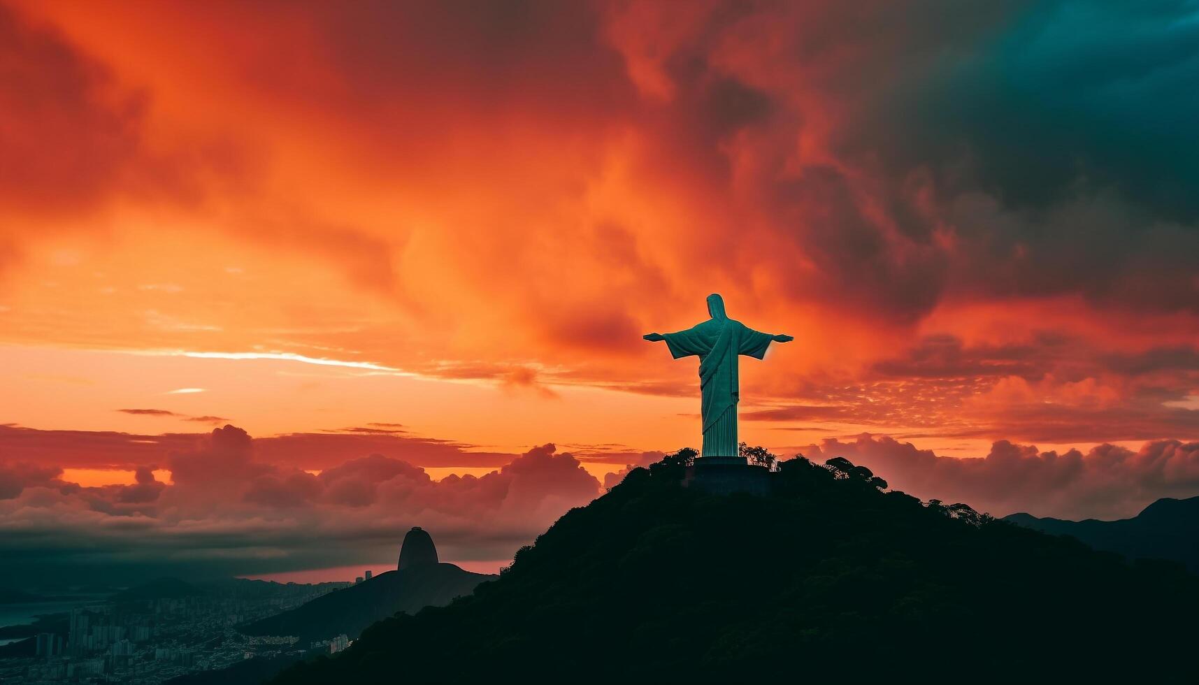 silhueta do uma homem Rezar às montanha pico, Deus beleza gerado de ai foto