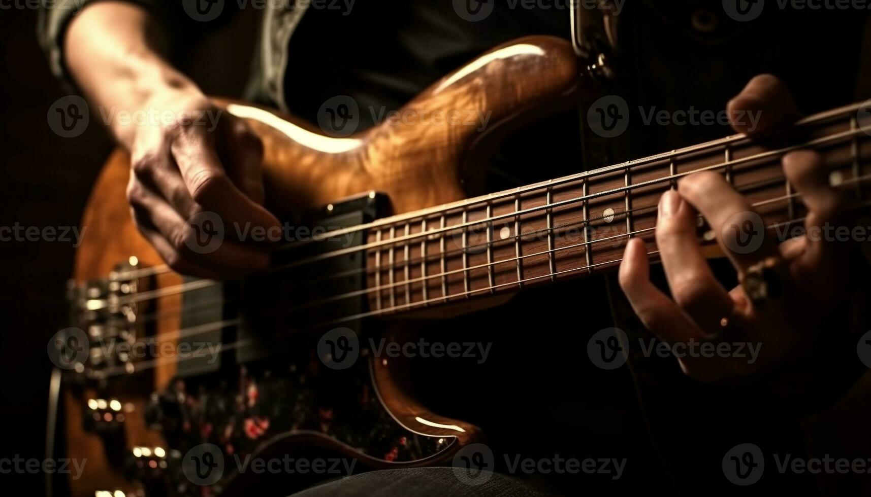 a guitarrista especializado dedos arranca acordes em a acústico guitarra gerado de ai foto
