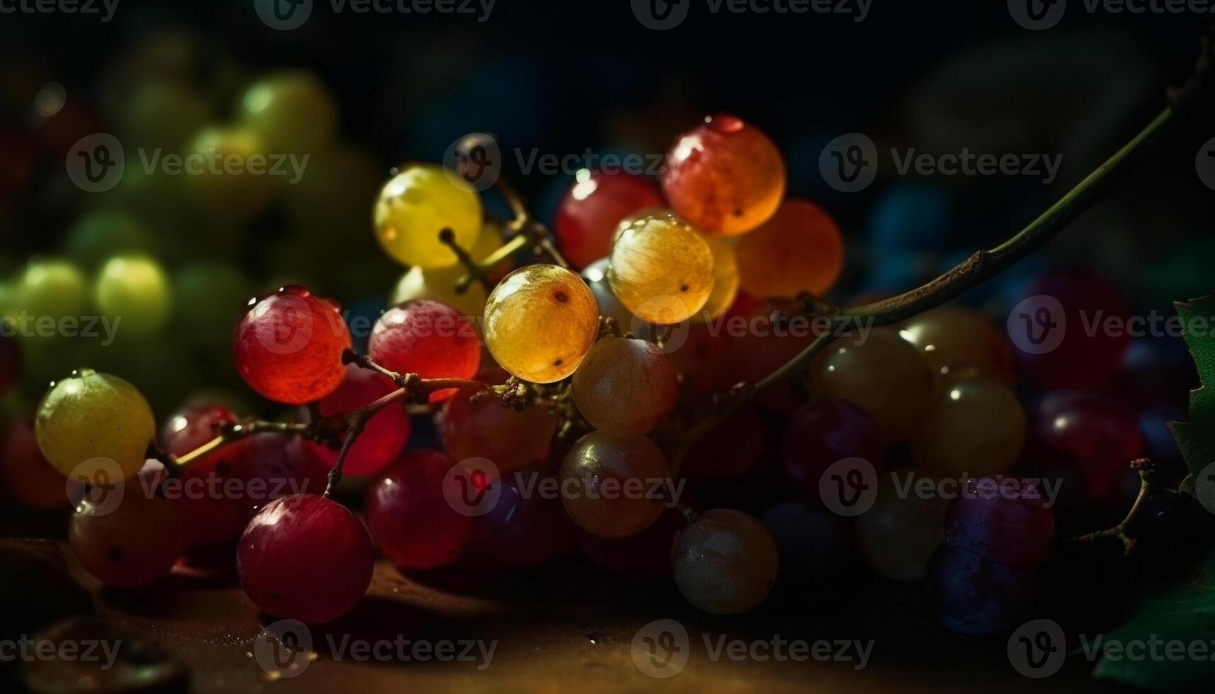 suculento uva cachos em Vinhedo galhos, perfeito para vinificação gerado de ai foto