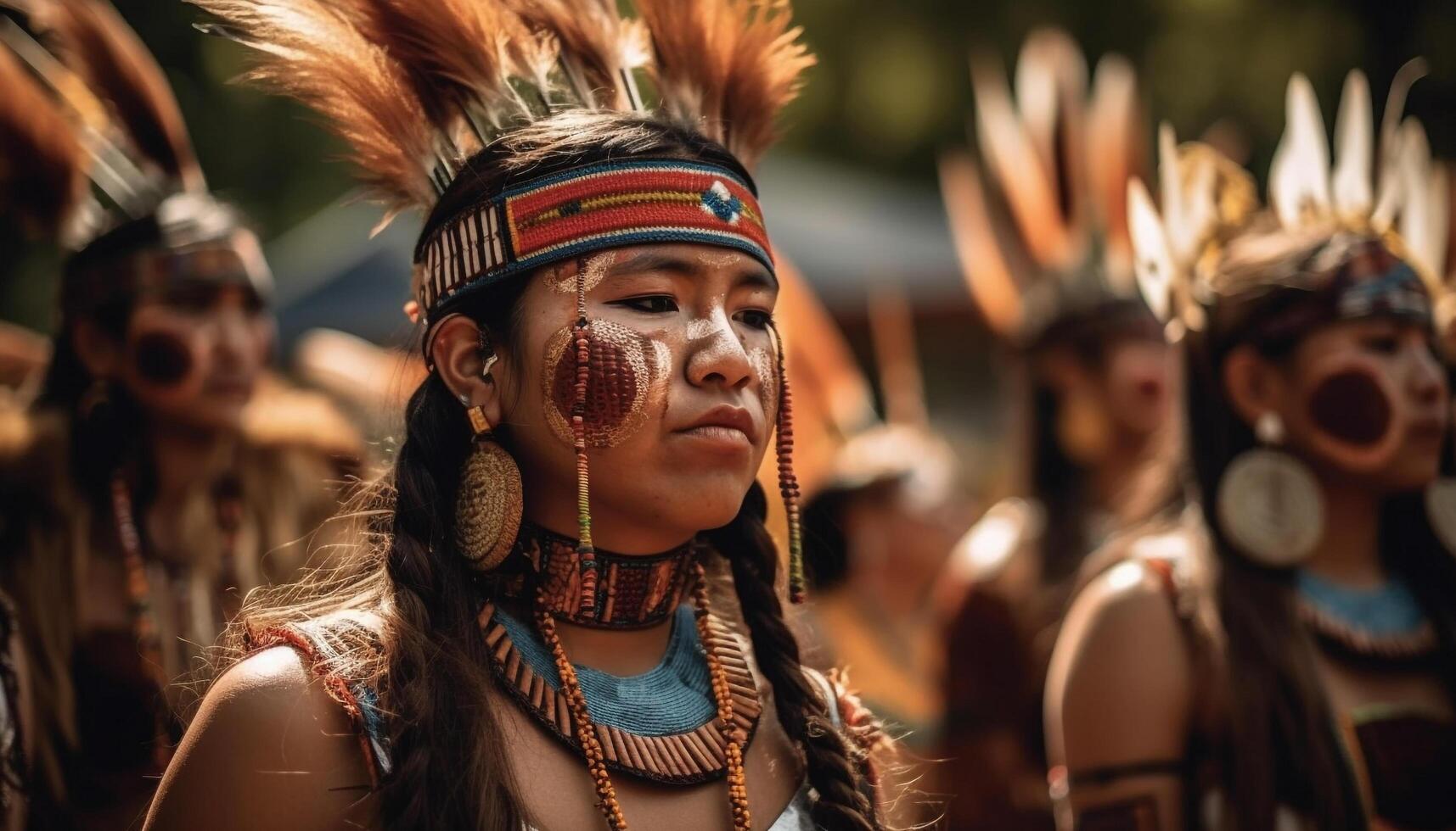 sorridente mulheres dentro tradicional roupas comemoro indígena cultura com dançando gerado de ai foto