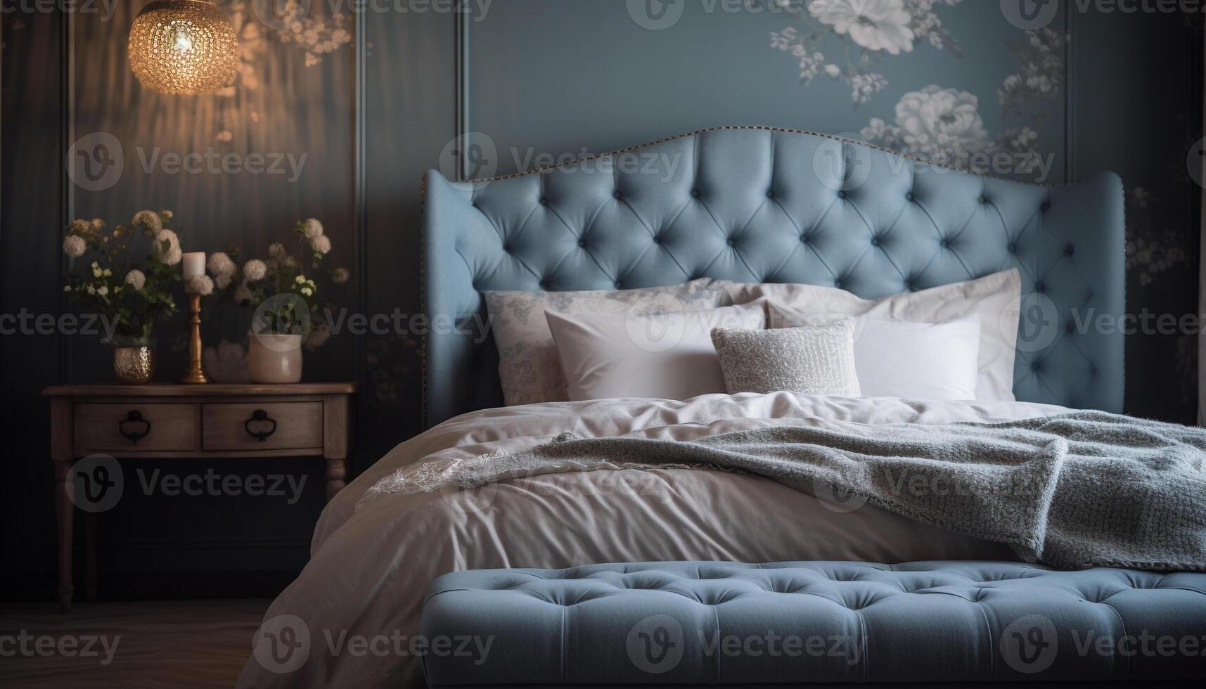 moderno luxo quarto com elegante decoração e acolhedor roupa de cama materiais gerado de ai foto