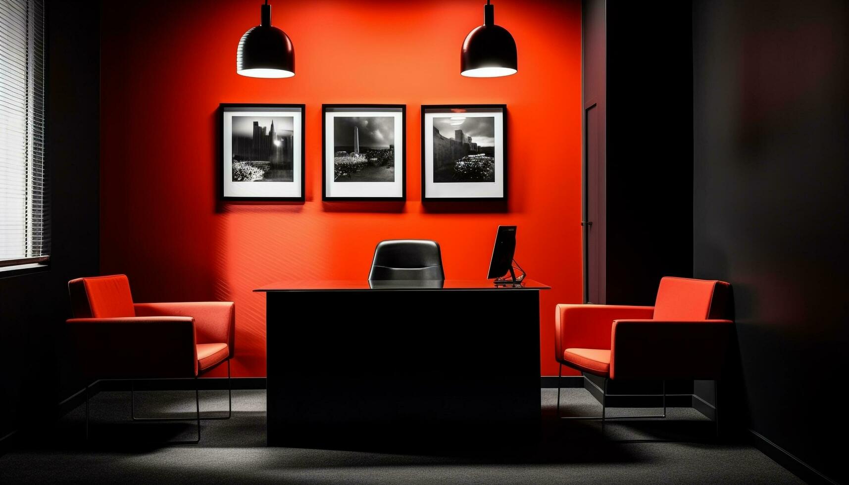 moderno escritório Projeto com elegante iluminação equipamento e confortável assentos gerado de ai foto
