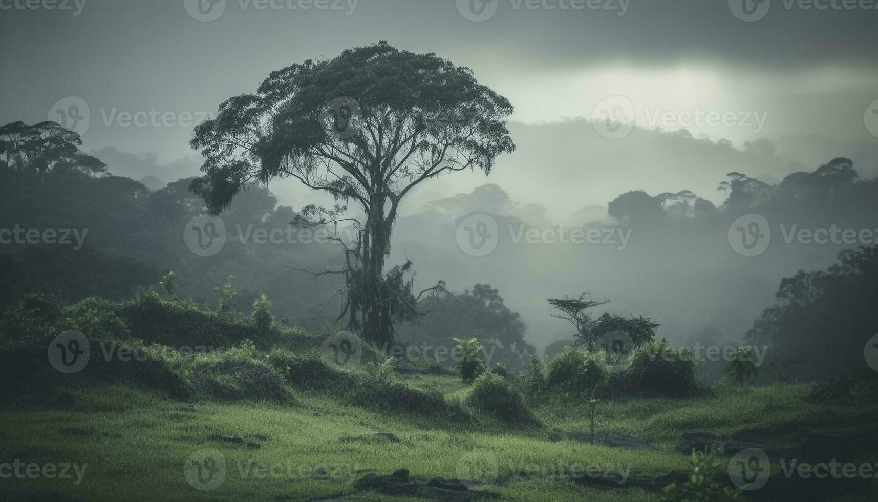 a misterioso névoa mortalhas a tranquilo tropical floresta tropical silhueta gerado de ai foto