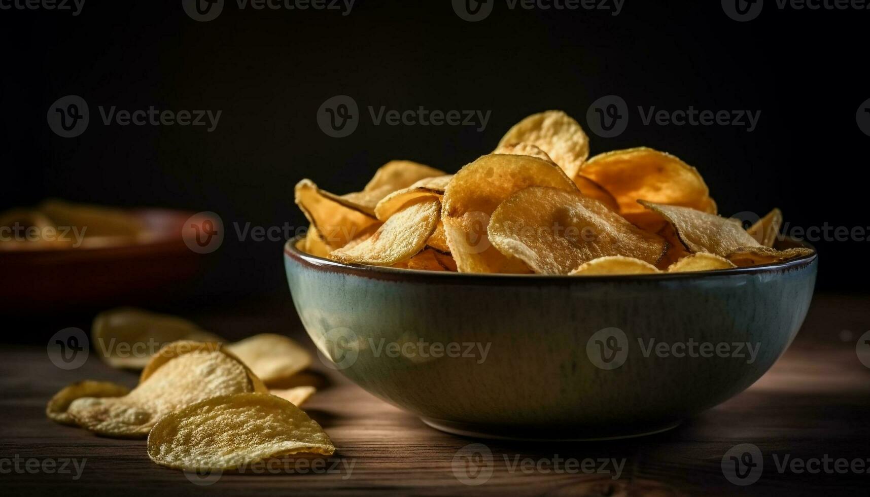 uma crocante, salgado lanche pilha do frito batata e tortilla salgadinhos gerado de ai foto