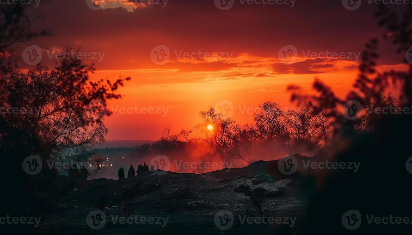 silhueta do árvore em montanha pico às crepúsculo, tranquilo cena gerado de ai foto