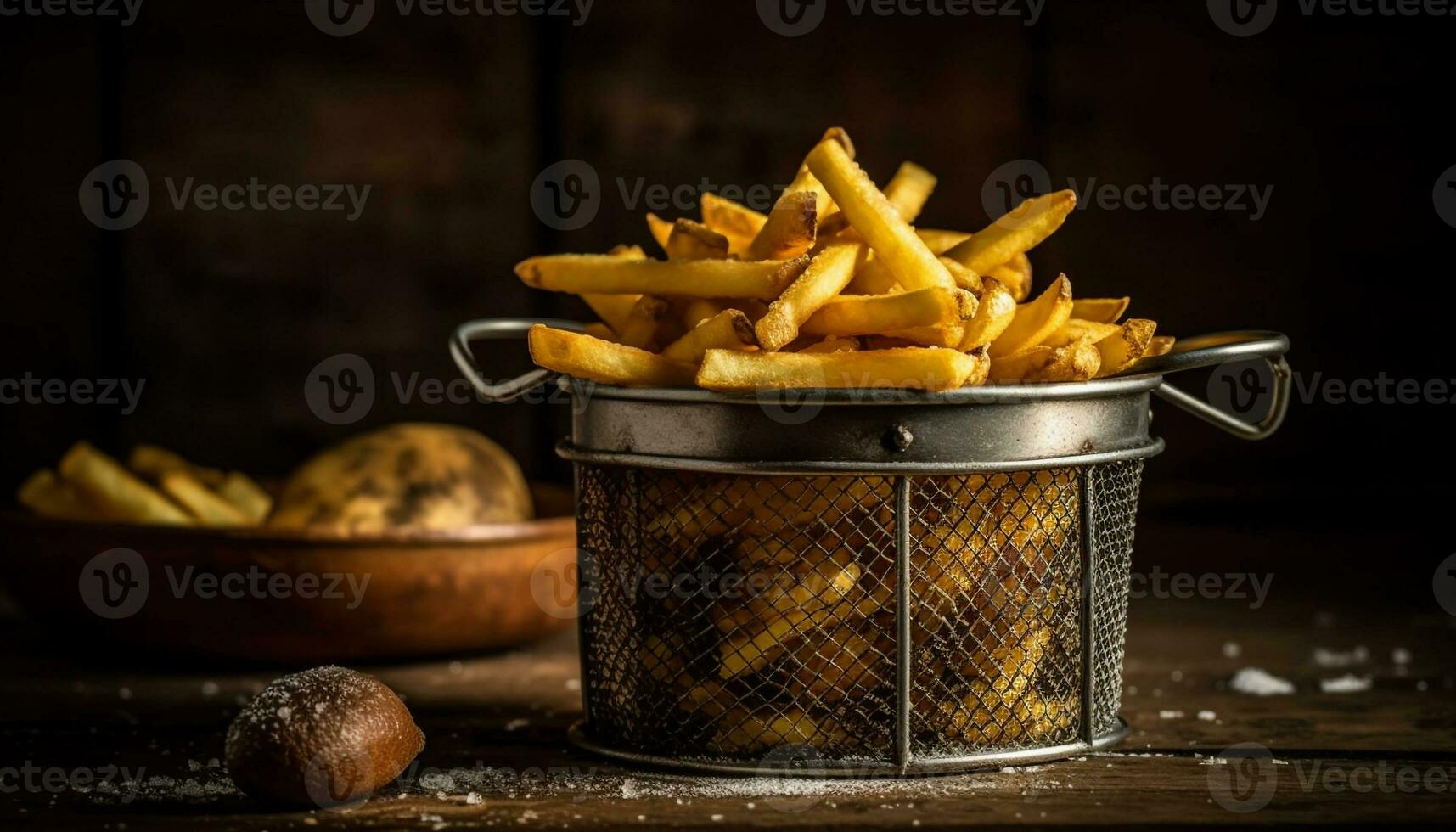 uma rústico refeição do profundo frito francês fritas em uma de madeira mesa gerado de ai foto