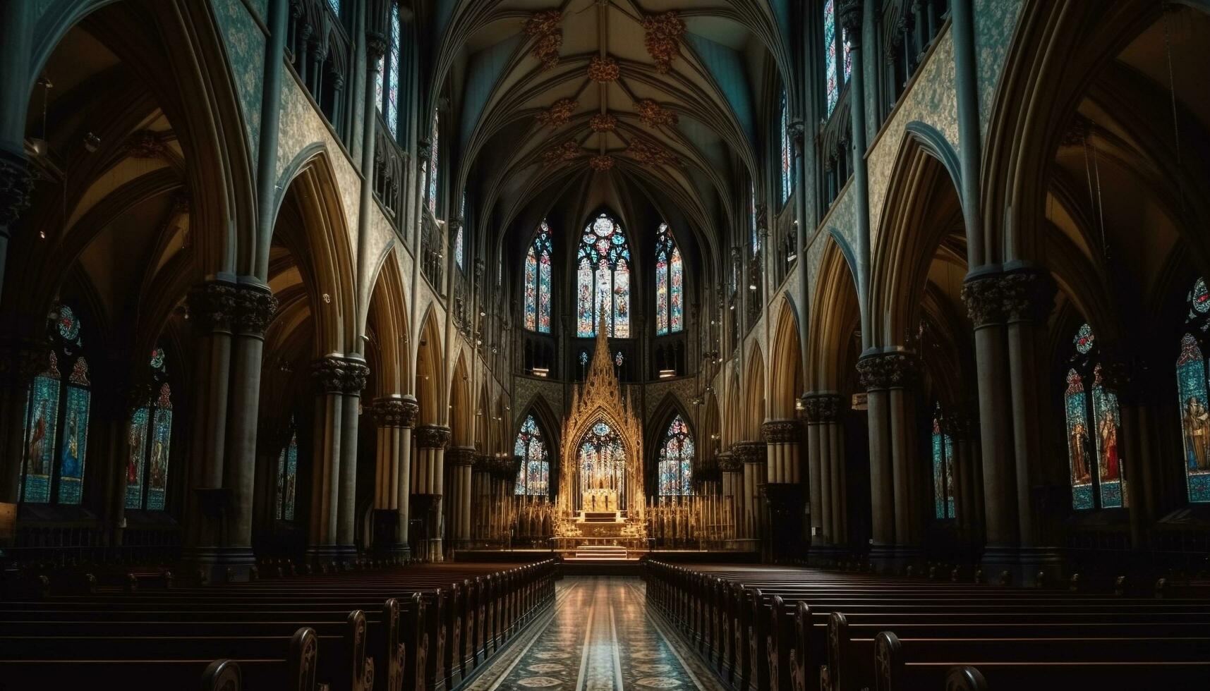 dentro a majestoso gótico estilo basílica, iluminado manchado vidro janelas iluminar história gerado de ai foto