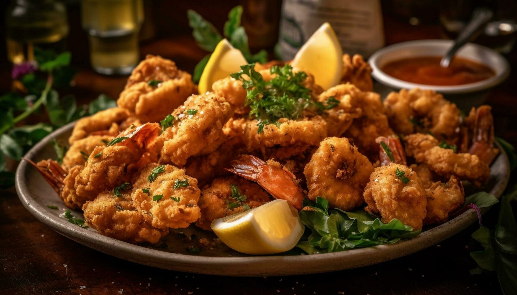 profundo frito frutos do mar Aperitivo com salgado molho, limão, e salsinha fatia gerado de ai foto